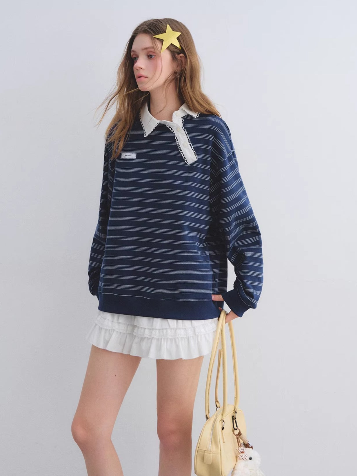 Placket Ruffle Collar Striped Sweatshirt