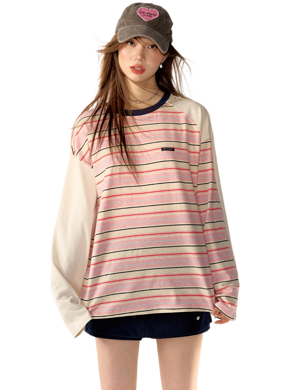 Pink Color-Block Striped Oversized T-shirt - CHINASQUAD