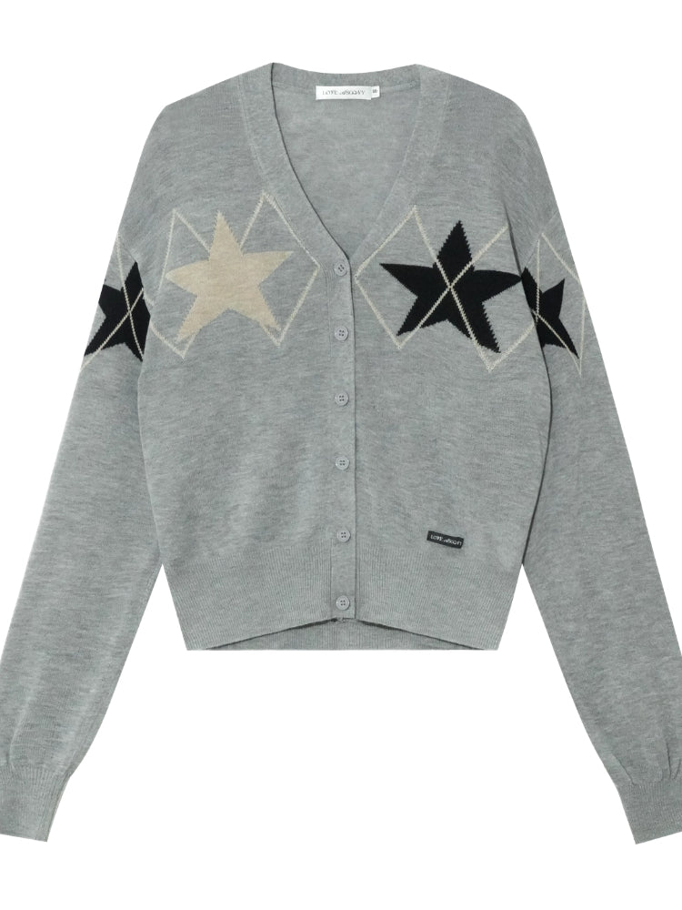 Single-breasted Star Argyle Knit Cardigan - CHINASQUAD