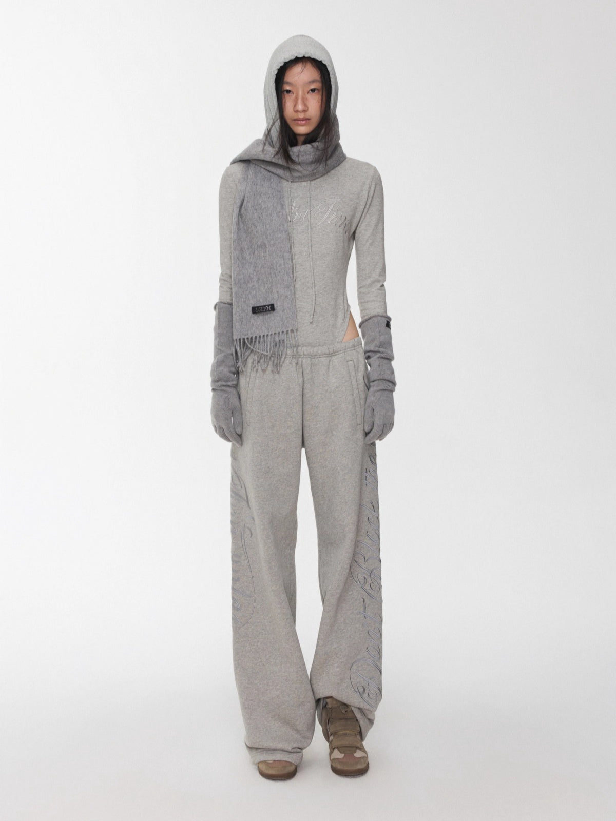 Embroidered Letter Drawstring Hooded Jumpsuit