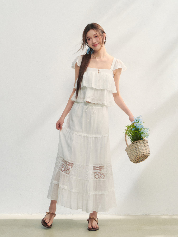 Soft Flutter Sleeve Blouse & Skirt Set - CHINASQUAD