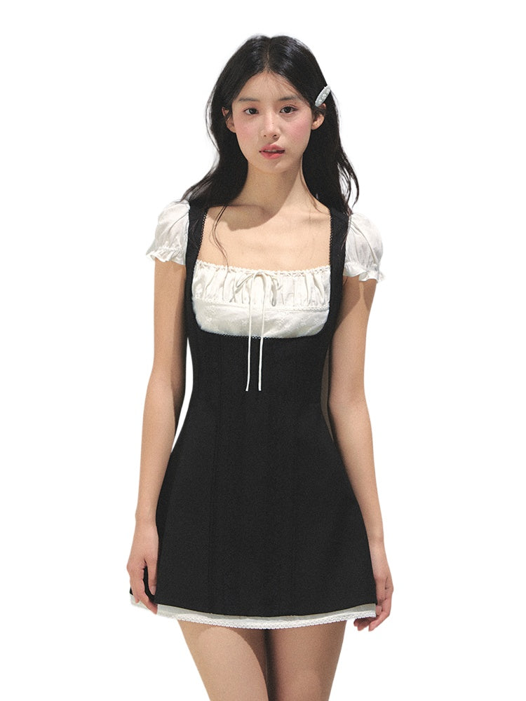 SunsetPark Black-White Contrast Two-piece Square Neck Dress CHINASQUAD SunsetPark Black-White Contrast Two-piece Square Neck Dress CHINASQUAD