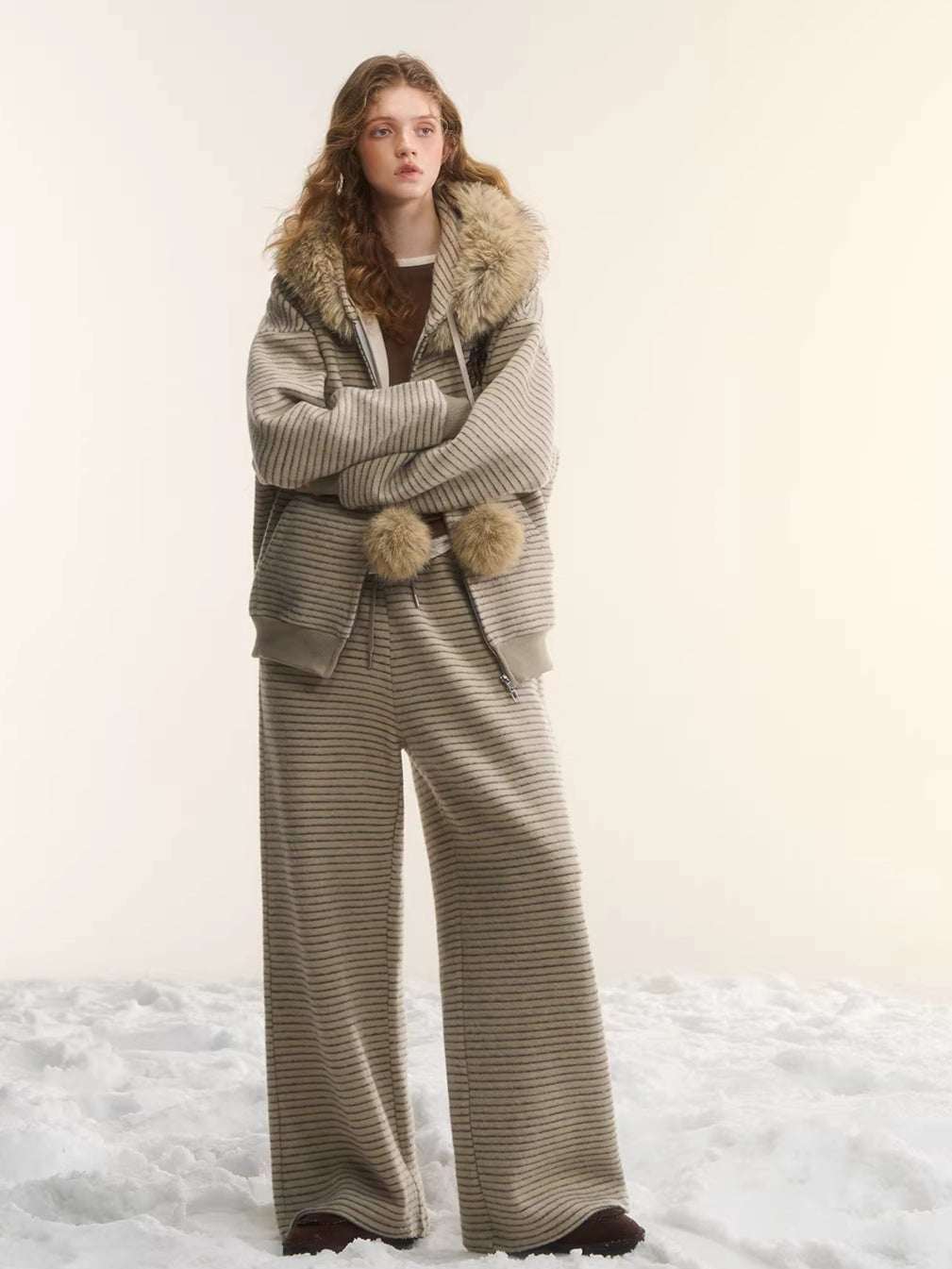 Plush Plaid Patchwork Jacket & Straight-Leg Pants Set