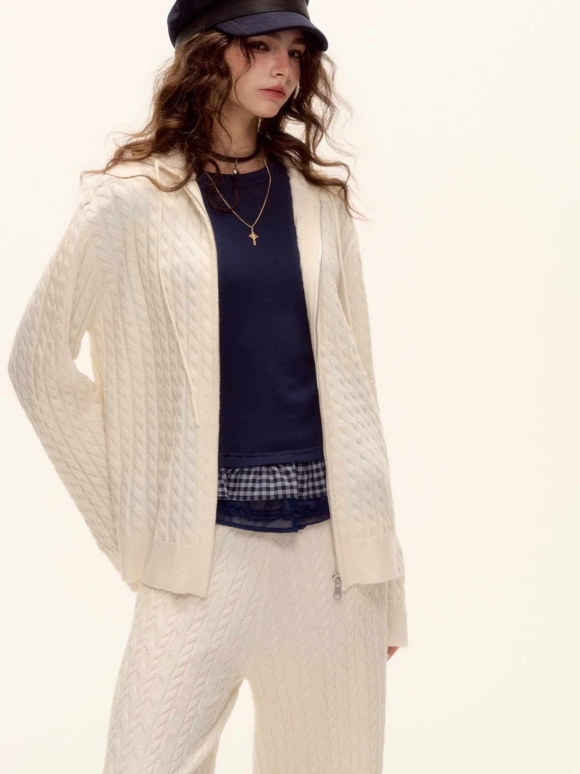 Wool Blend Cable Knit Zipped Hoodie & Wide-Leg Pants Set