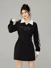 Color-Blocked Waist Cinching Polo V-neck Sweatshirt Dress - CHINASQUAD