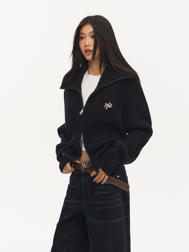 Black Loose Fit Double Zipper Knit Cardigan - CHINASQUAD