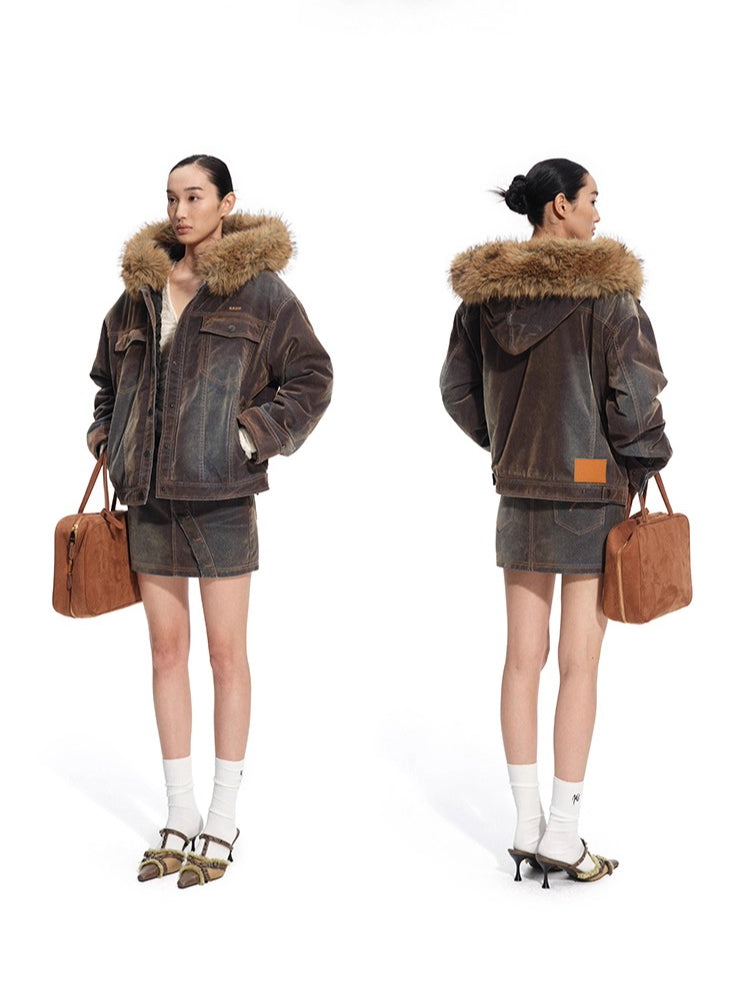 Ross Oversized Washed Eco Fox Fur Collar Denim Jacket
