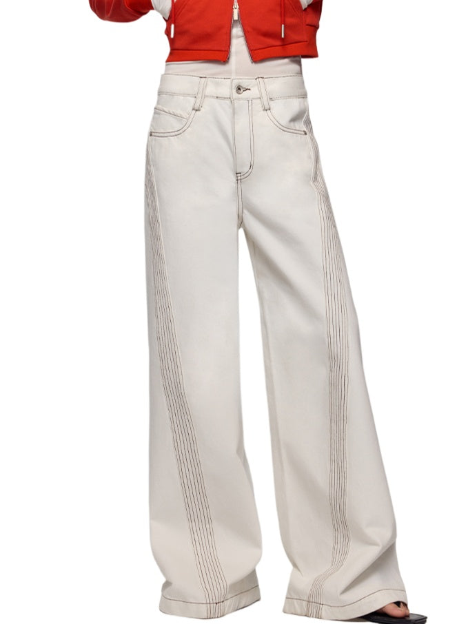 White Jeans Clear Stitching Wide-Leg Pants Jeans - CHINASQUAD