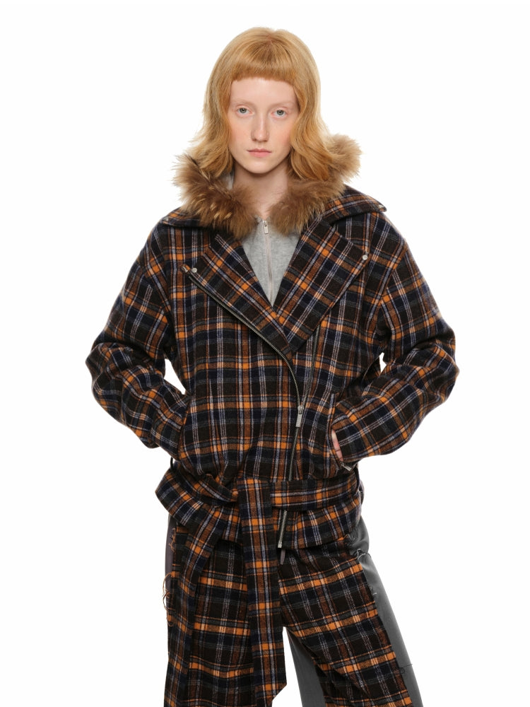 Dark Blue Plaid Woolen Moto Jacket - CHINASQUAD