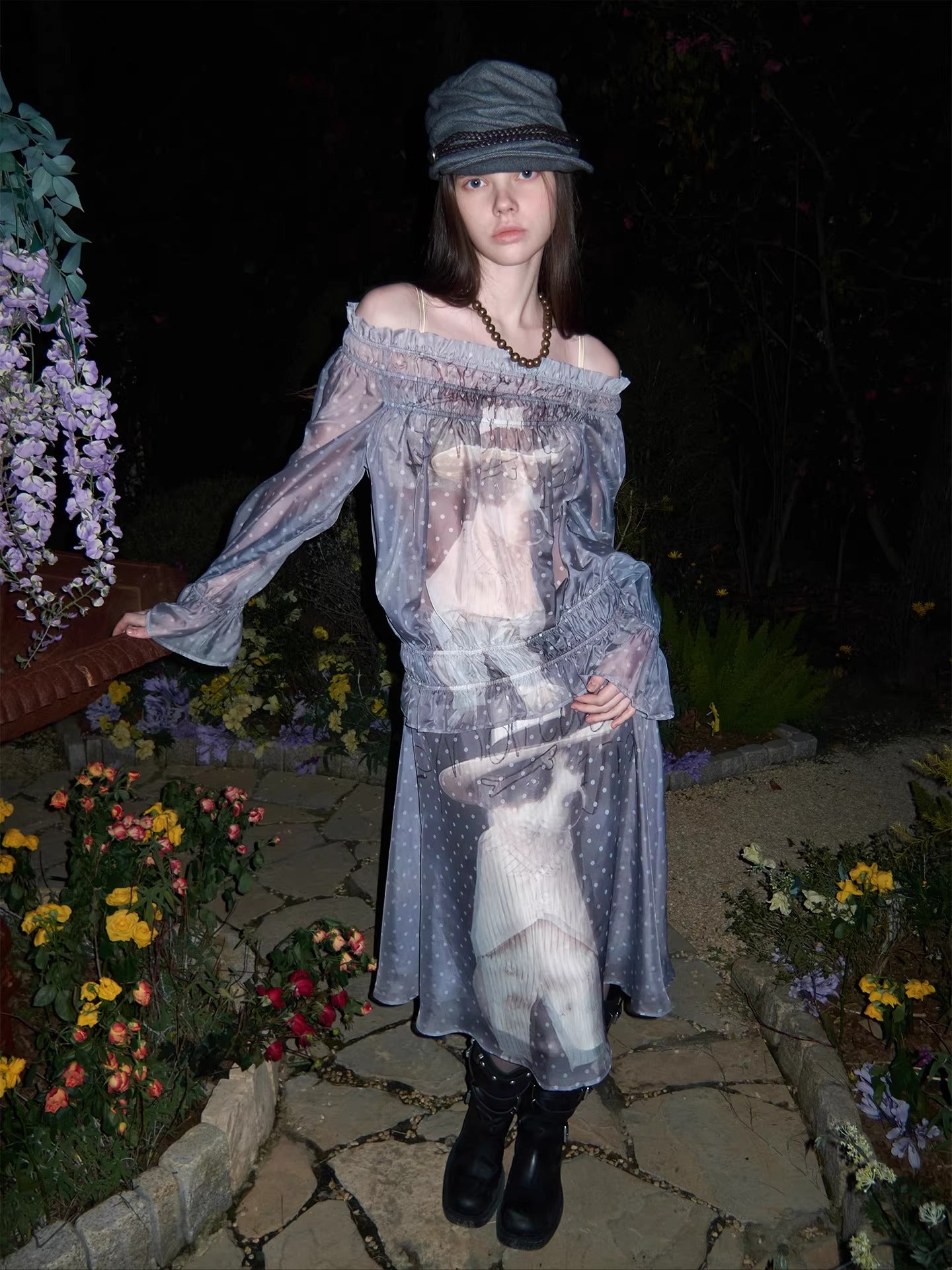 Sheer Chiffon Graphic Long-Sleeve Top