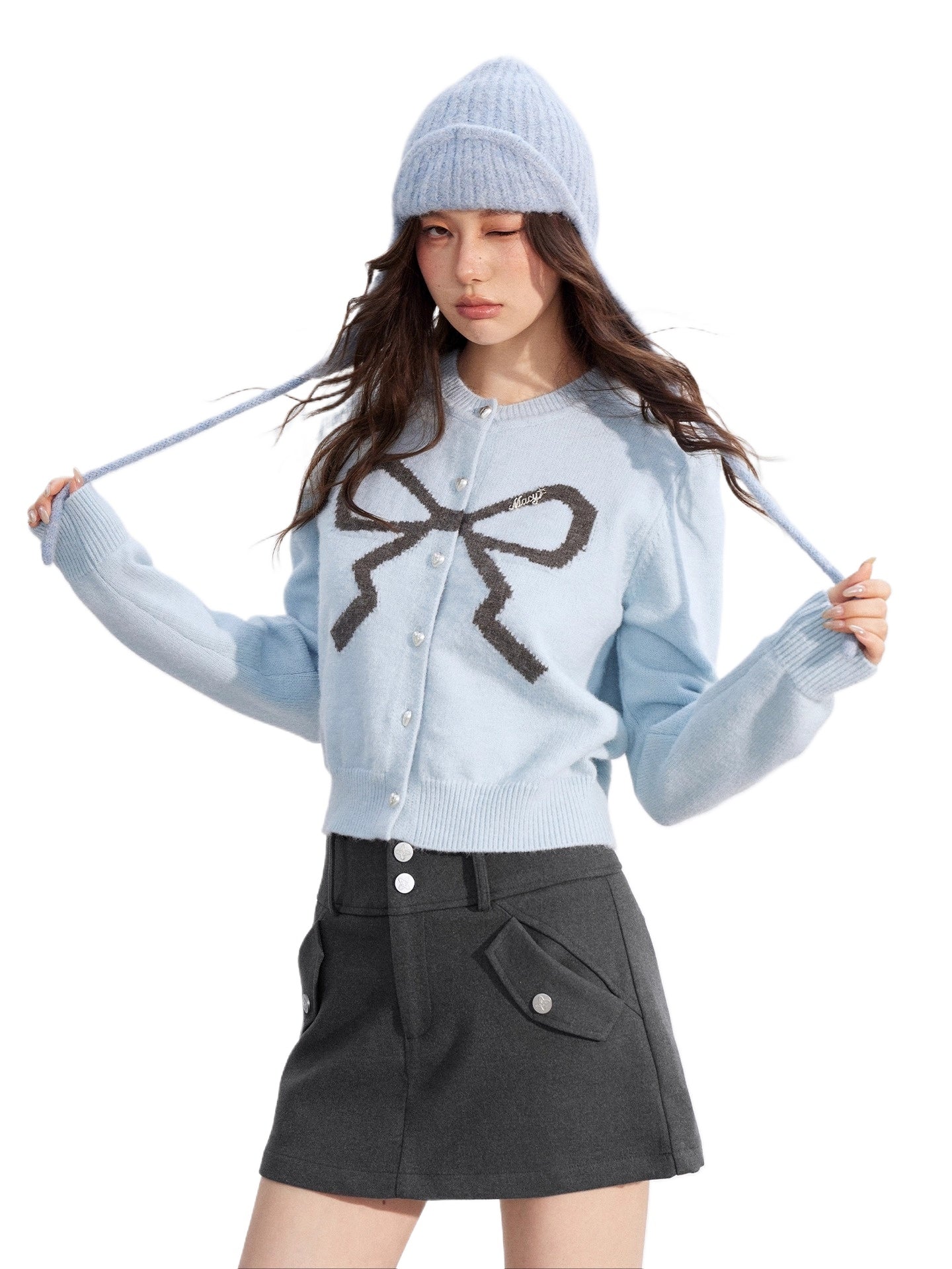 Bow Detail Cropped Knit Cardigan