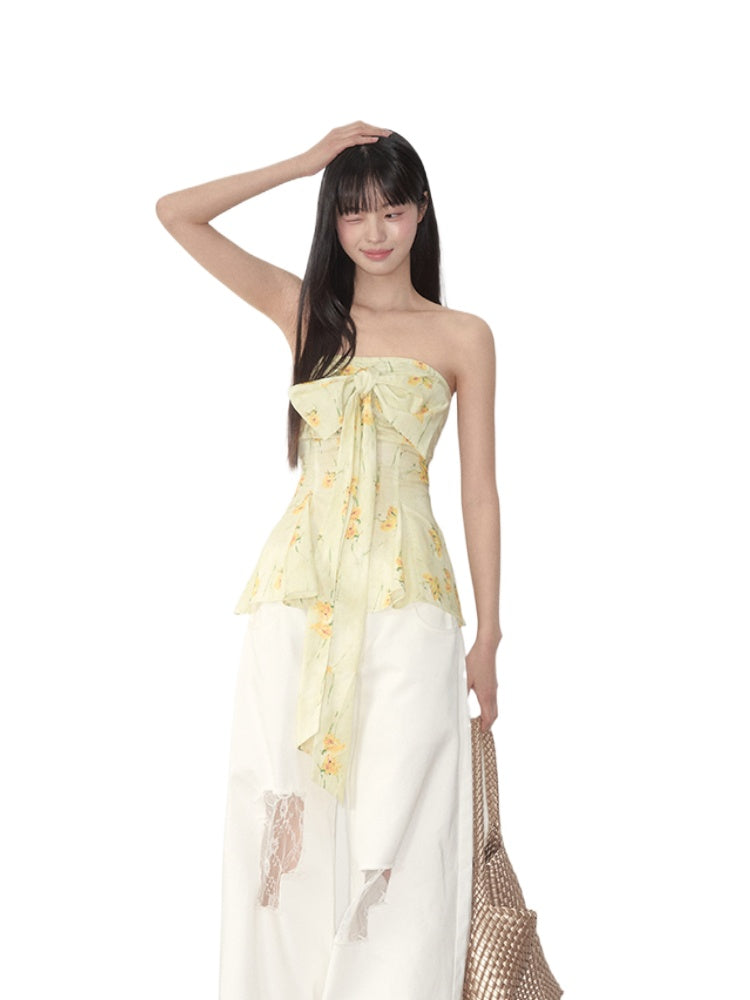 Yellow Floral Elastic Bow - adorned Strapless Top - CHINASQUAD