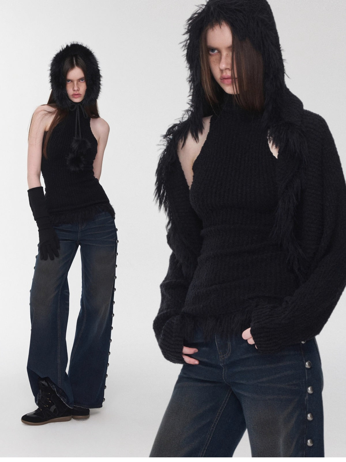 Fringe Knit Vest & Hooded Sleeveless Set