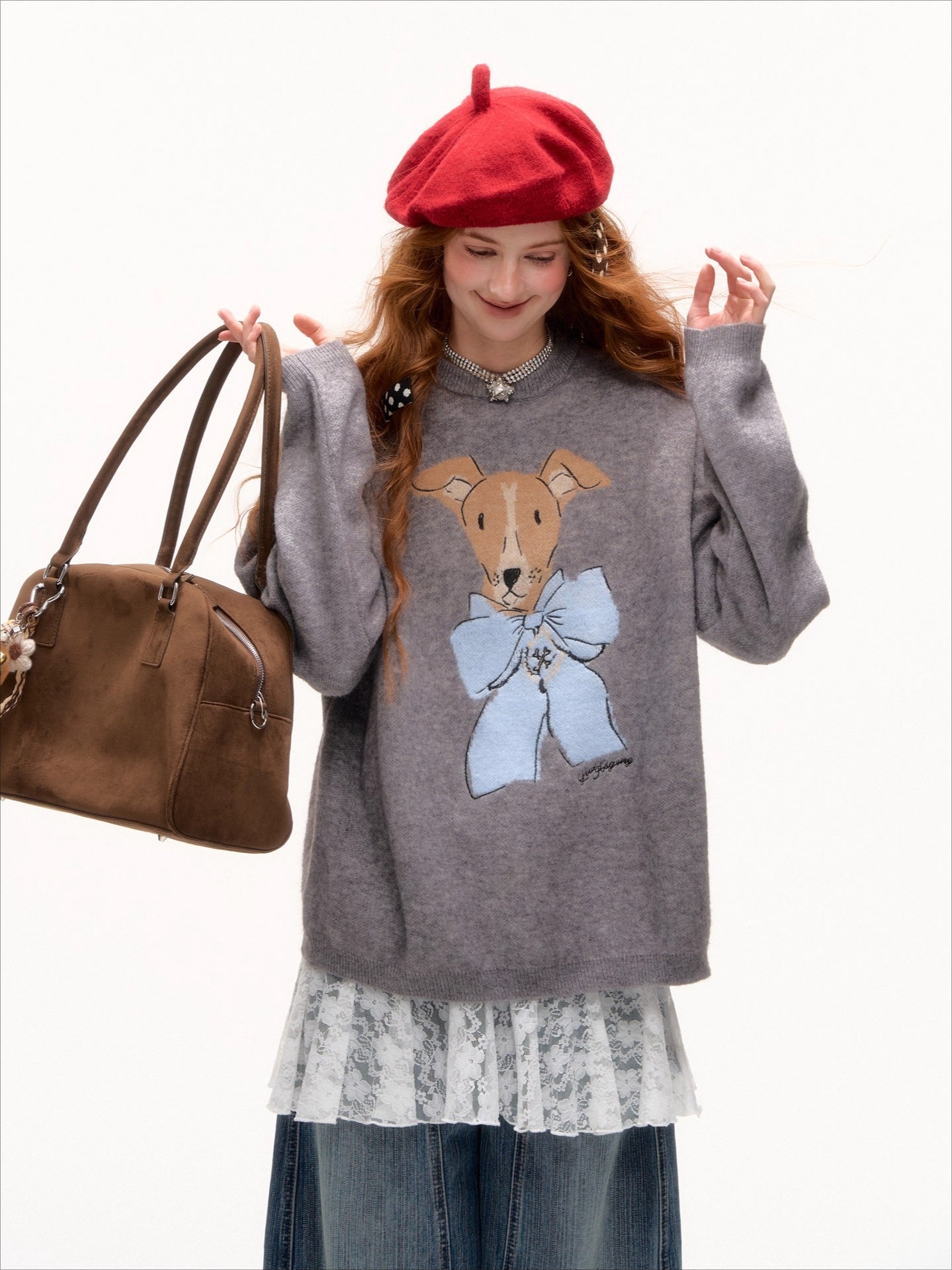 Bow-Knot Puppy Jacquard Pullover Crewneck - CHINASQUAD