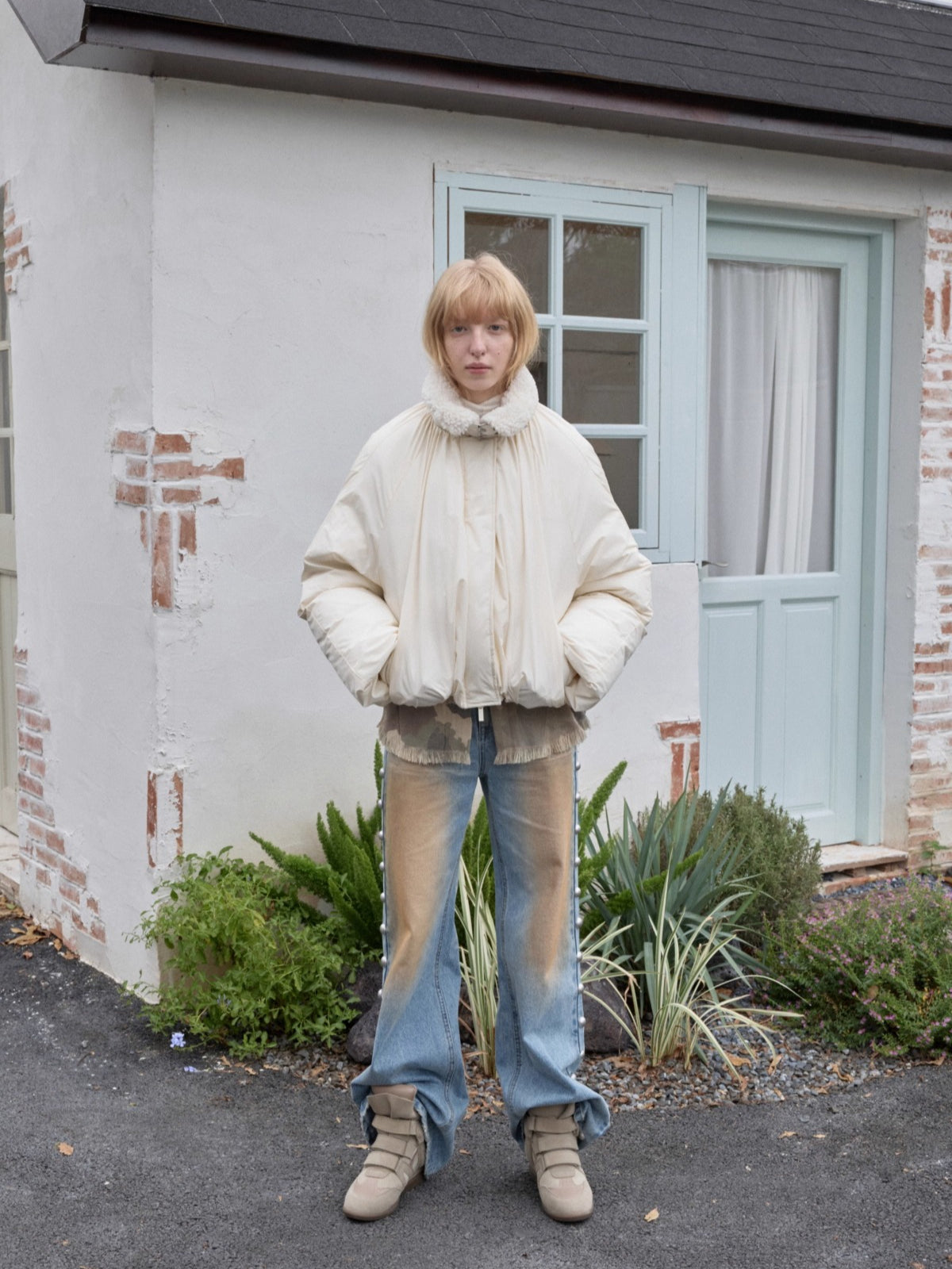 Belted Pleated Cocoon Down Jacket