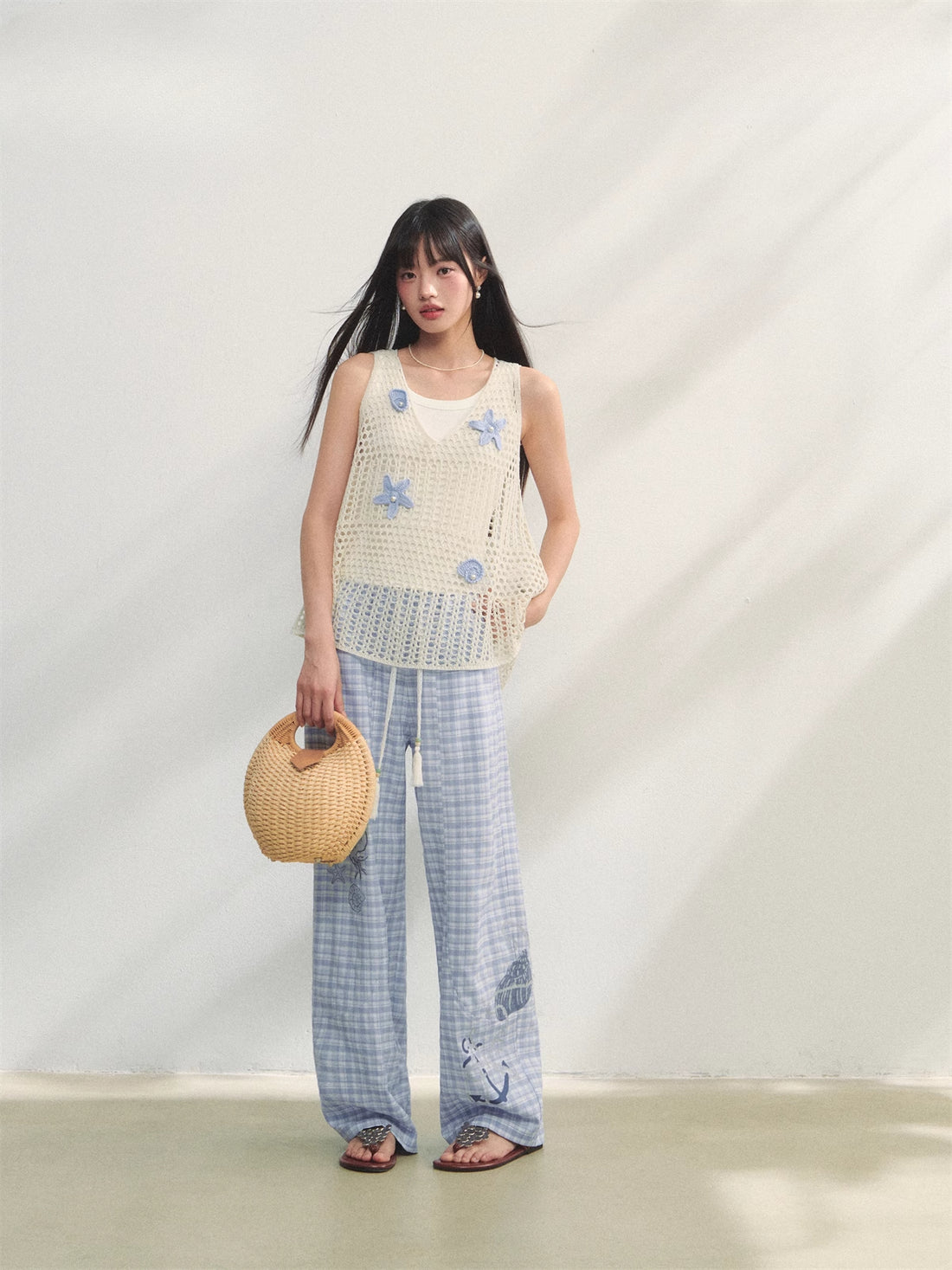 Checkered Print High-Waist Tie Pants - CHINASQUAD