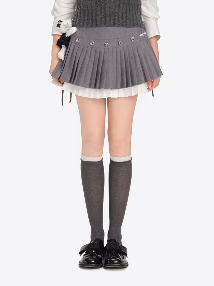 Rhinestone-Embellished Double-Layer Pleated Mini Skirt