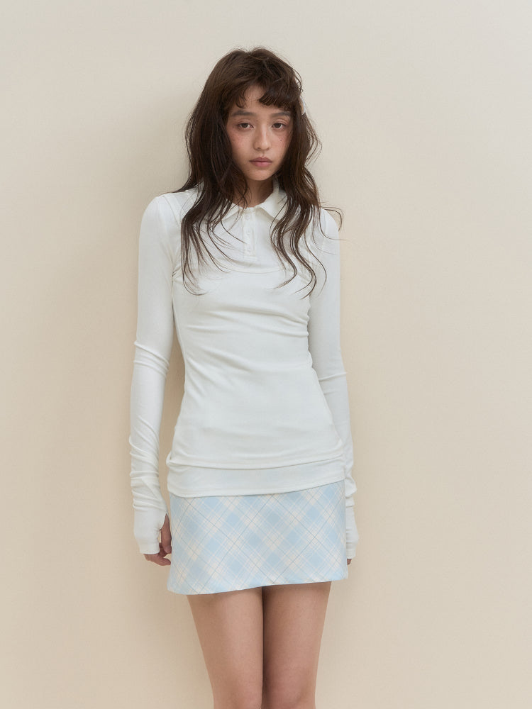White & Blue Collared Knit Top & Skirt Set - CHINASQUAD