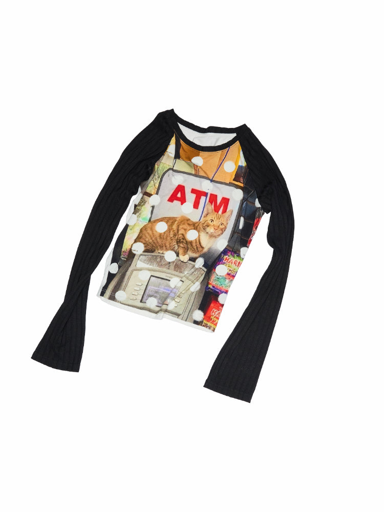 Cat Print Raglan Sleeve Color-Blocking T-Shirt