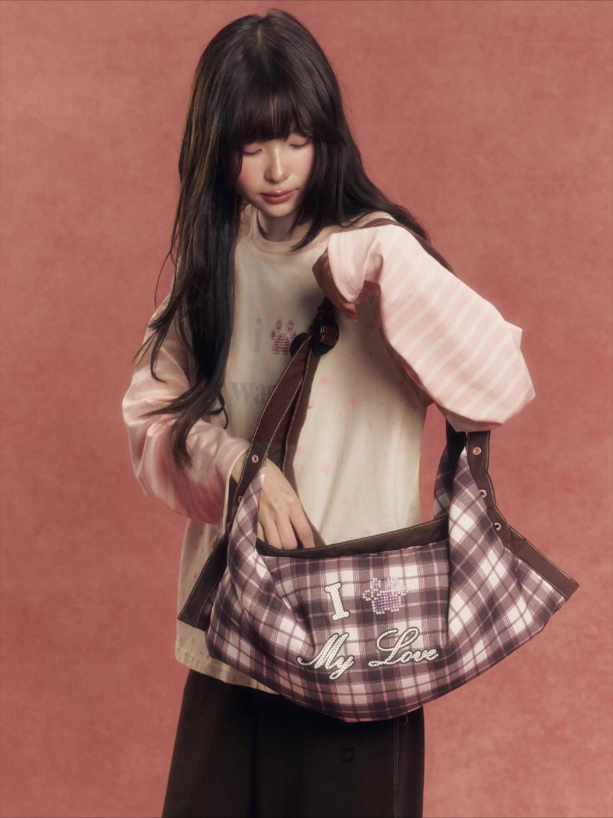 Crystal-Embellished Plaid Pillow Bag