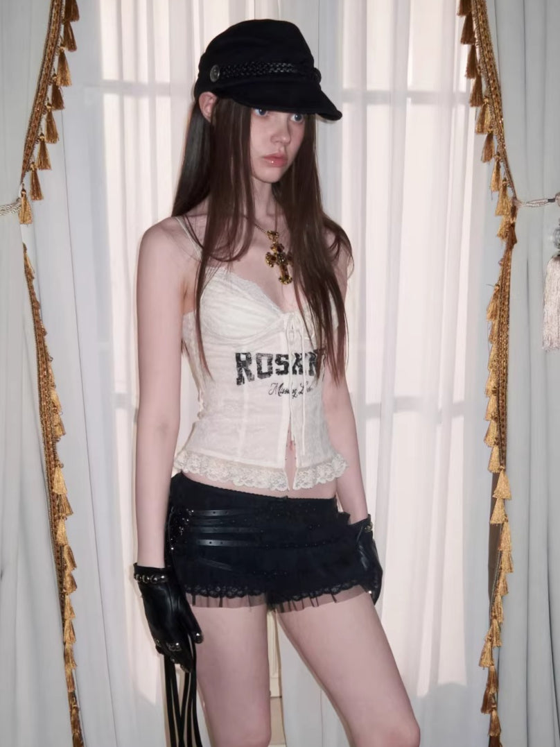 Lace-Up Letter Print Corset Camisole