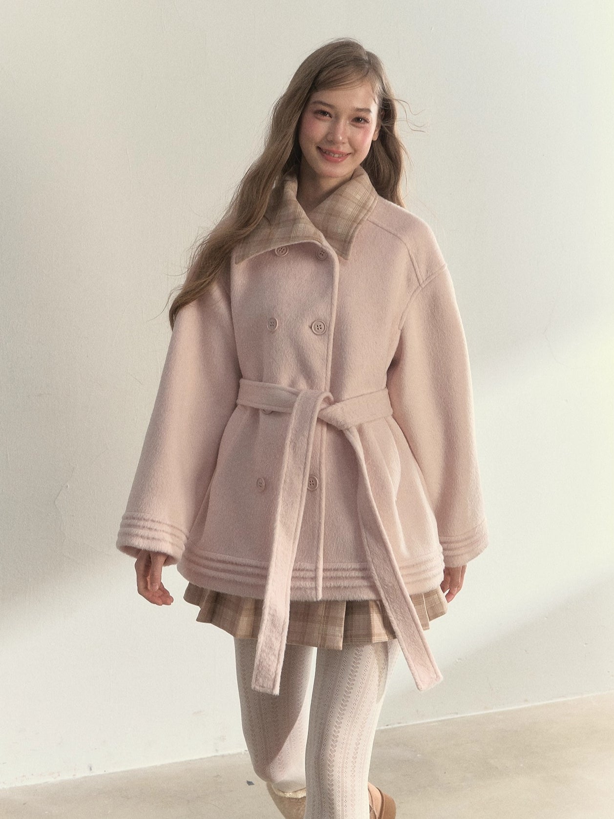 Khaki & Misty Pink Plaid Collar & Belt Wool Coat