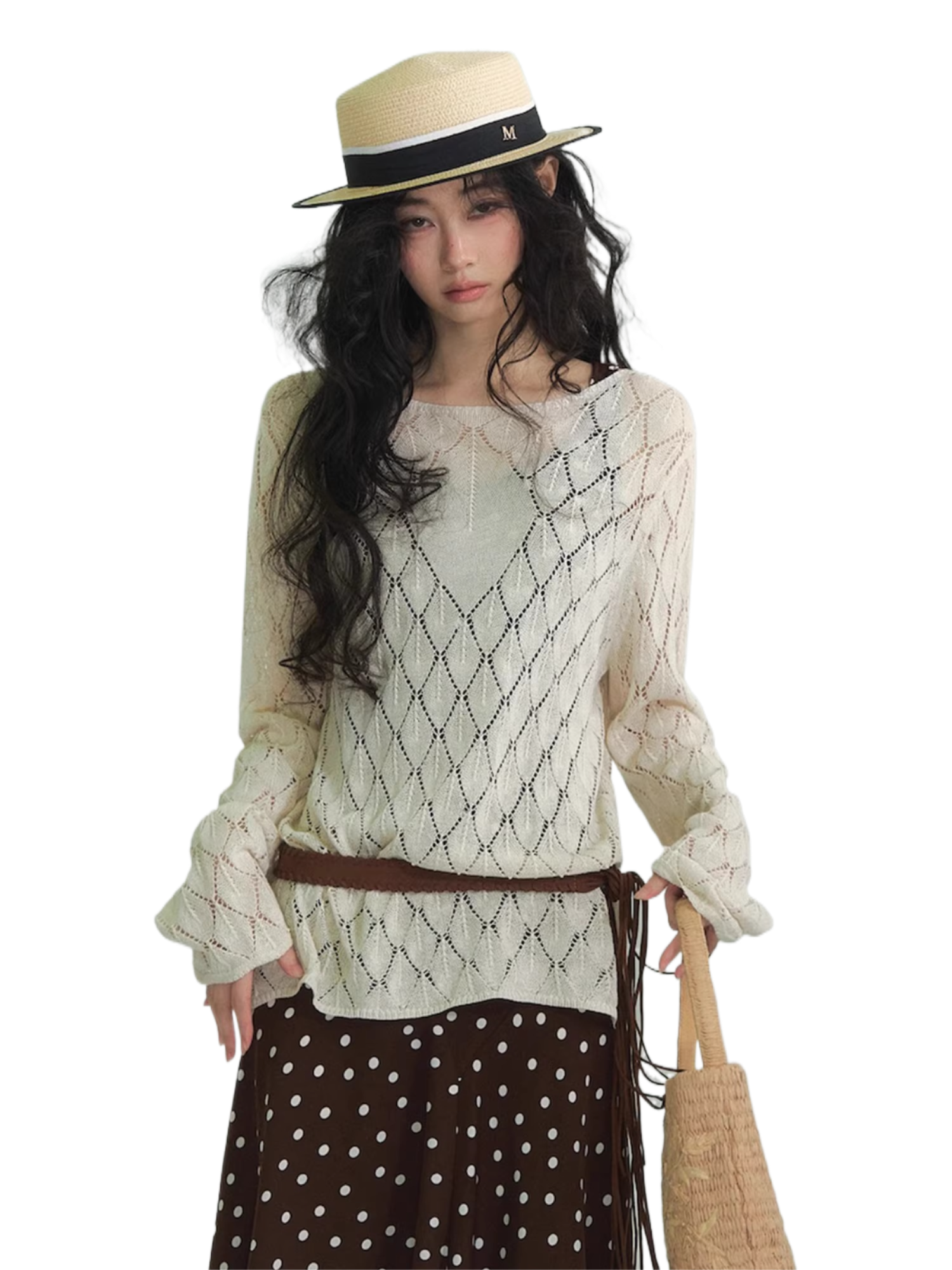 Openwork Diamond-Knit Washi Yarn Long-Sleeve Top