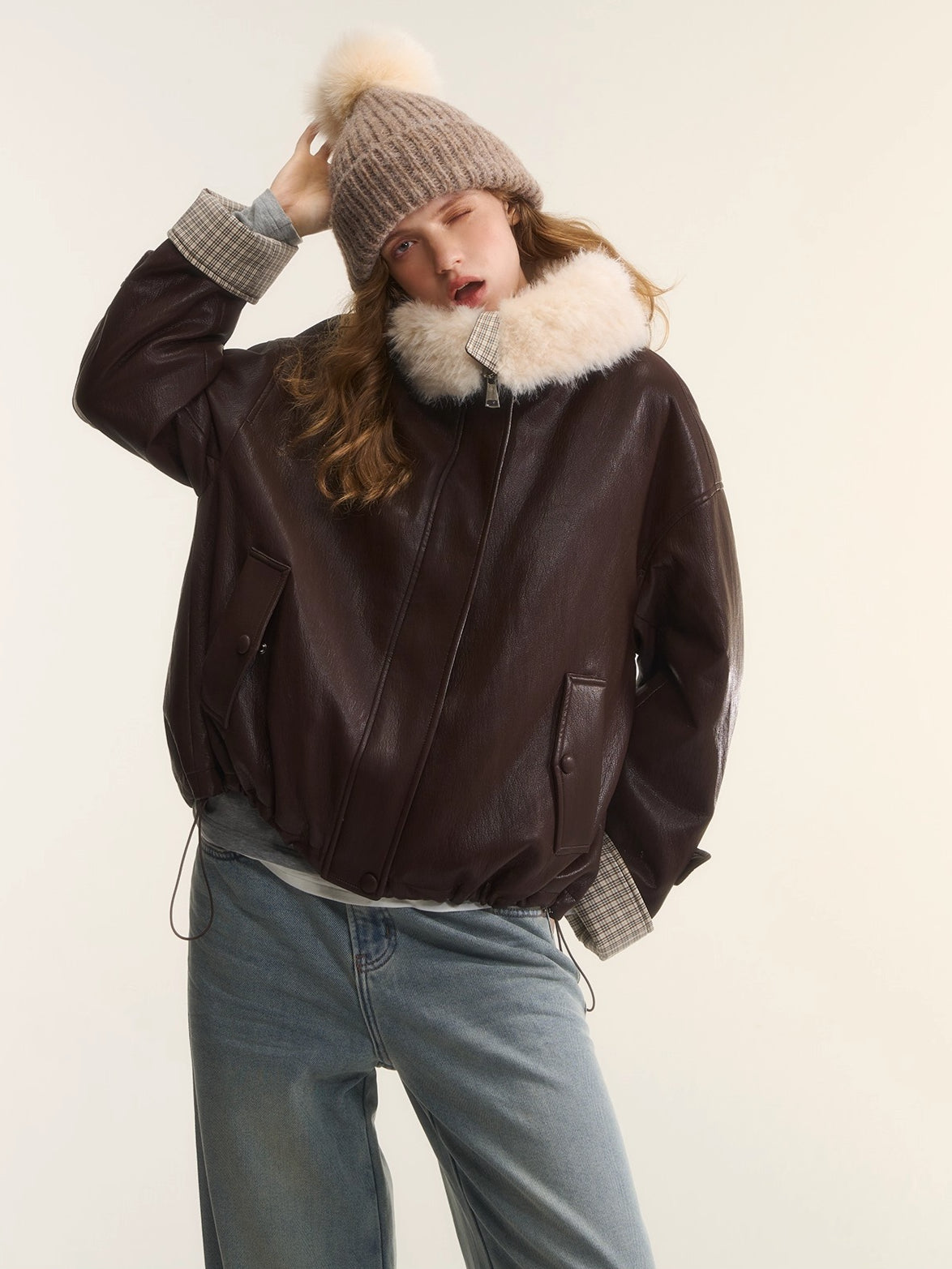 Faux-Fur Collar Down Leather Jacket