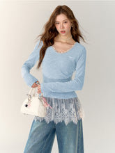 Lace-Trimmed Gray V-Neck Long Sleeve Top - CHINASQUAD