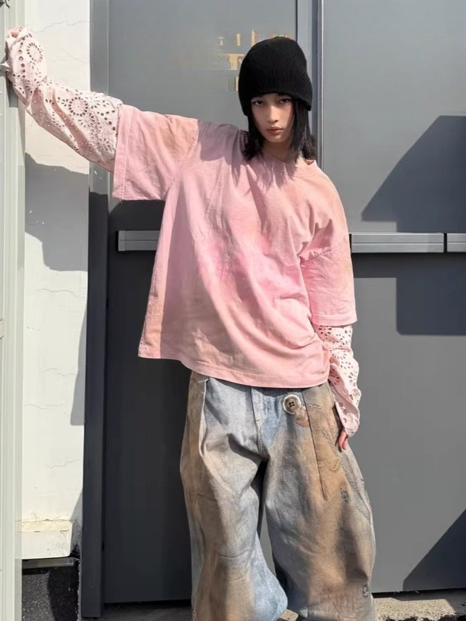 Lace-Panel Spray-Dyed Cotton T-Shirt