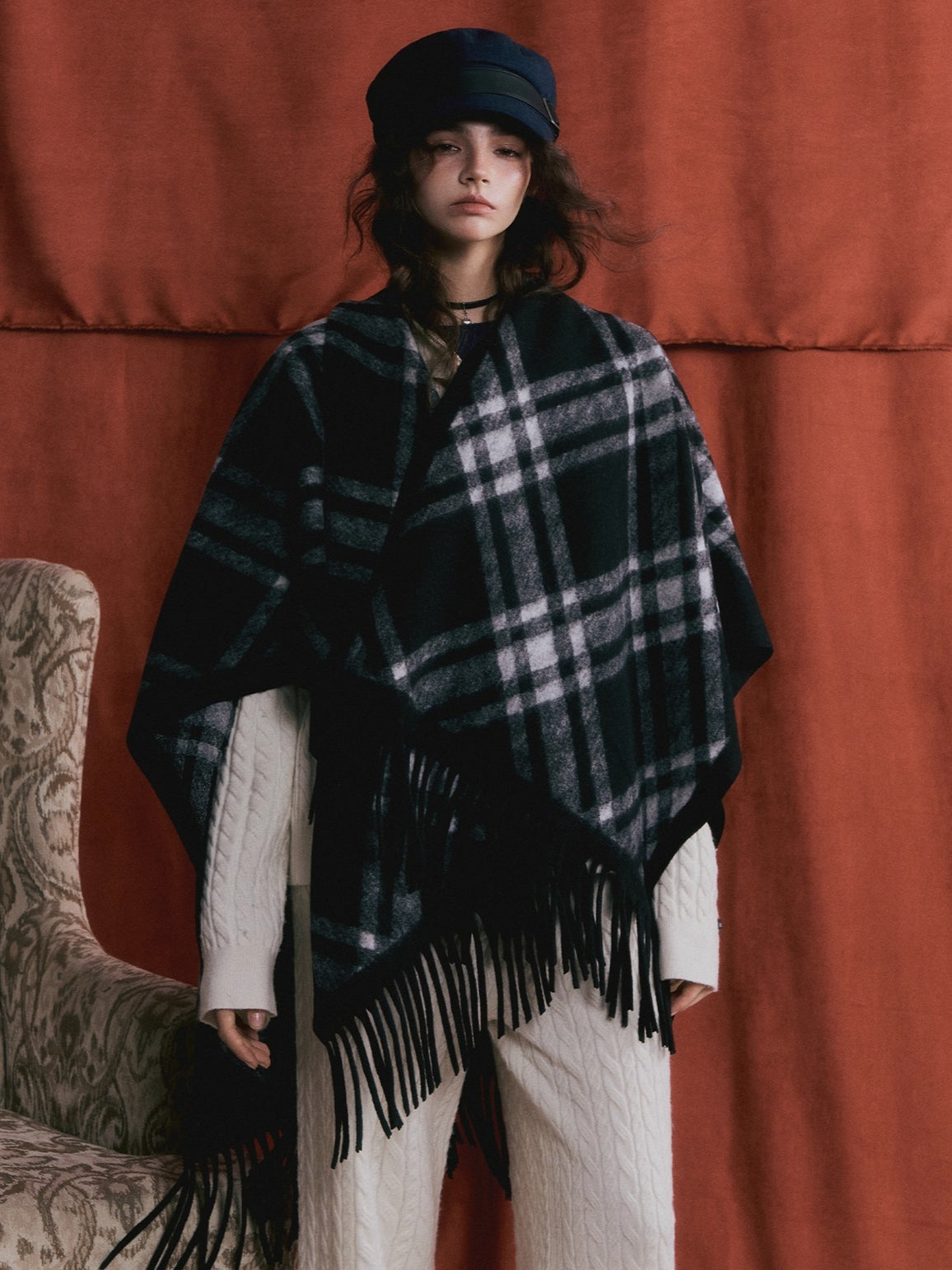 Vintage Plaid Tassel Cape Scarf