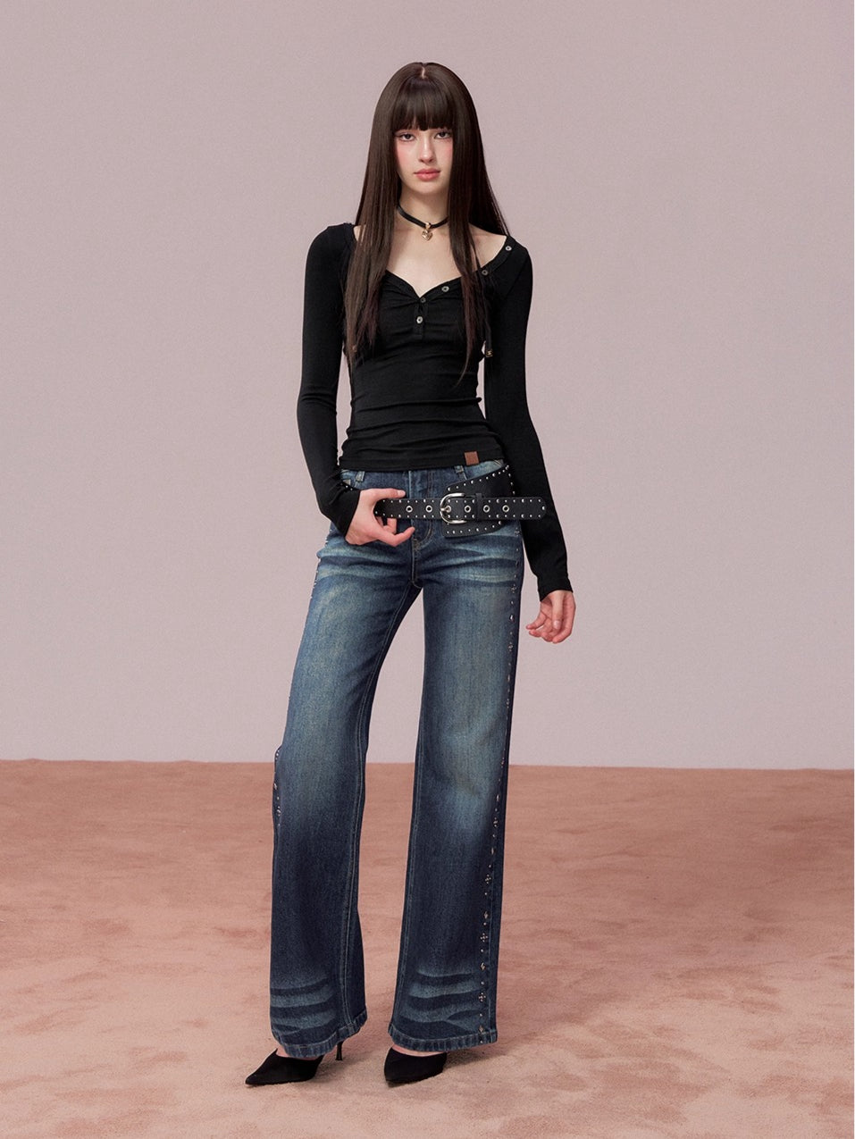 Straight-Leg Washed Denim Pants