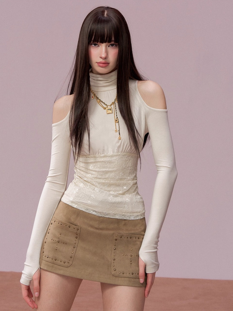 Studded Belted A-Line Mini Skirt