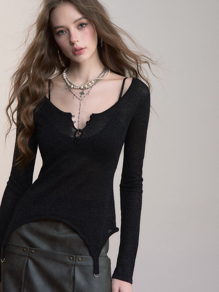 Irregular Knit Waist-Cinched Long-Sleeve Tee