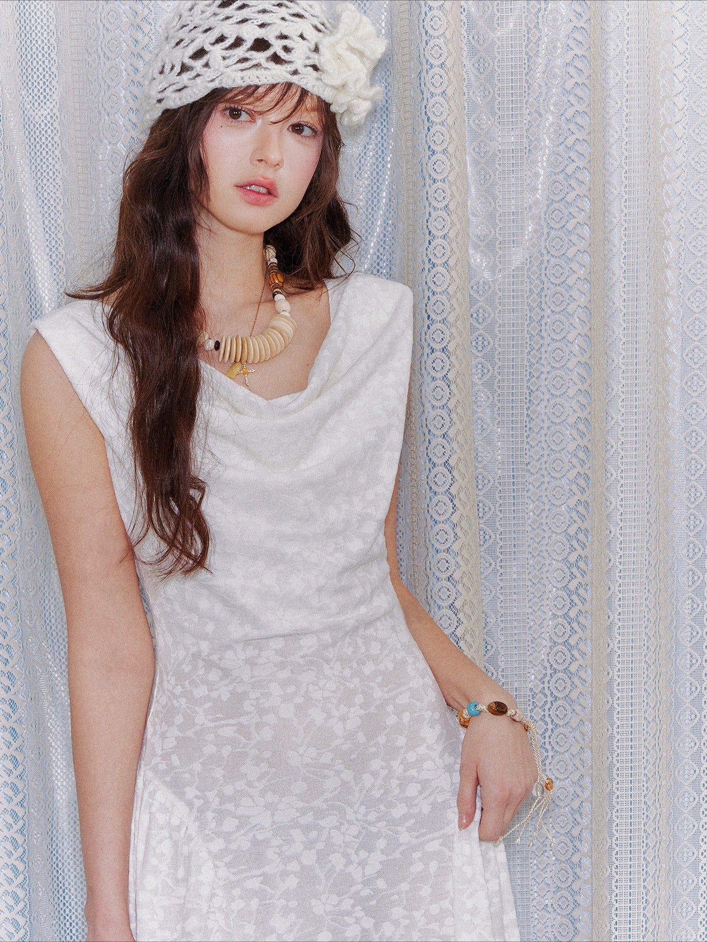 Lace Jacquard Waist-Cinched Maxi Dress