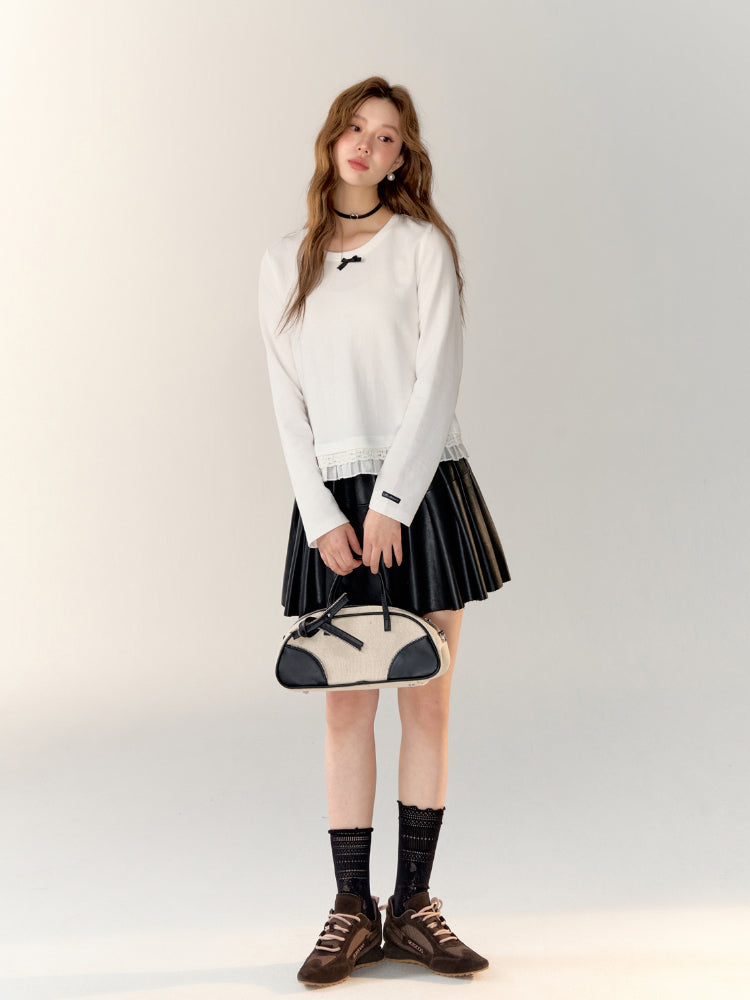 3D Bow Lace Trimmed Hem Long Sleeve T-shirt - CHINASQUAD