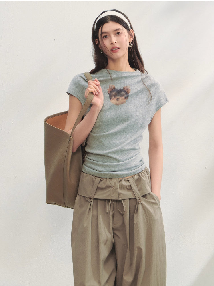 Elastic Pleated Crew Neck T-shirt - CHINASQUAD