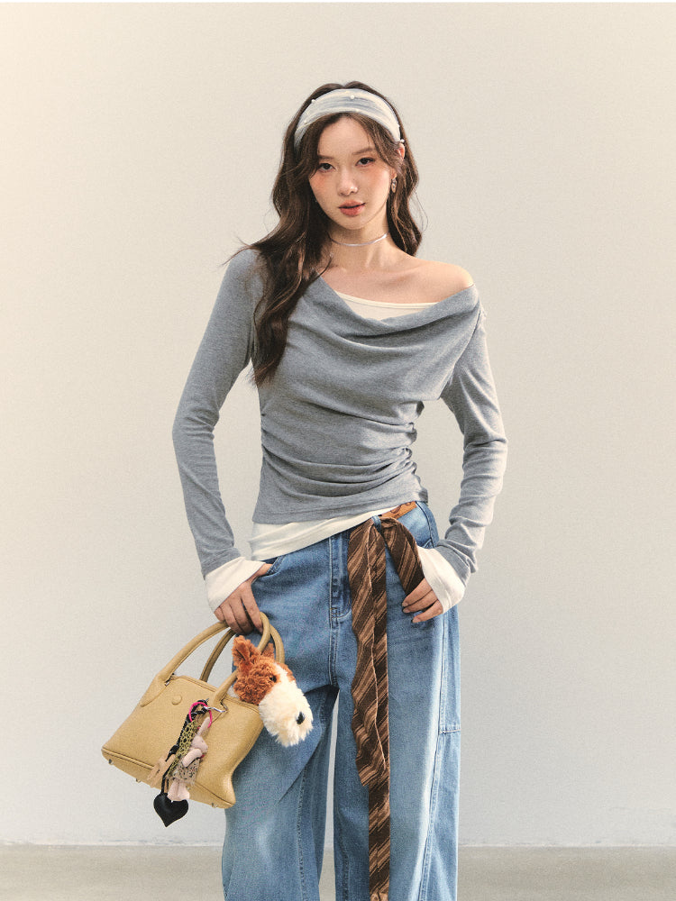 Dangle Collar Fake Two-Piece Color-Blocked Blouse - CHINASQUAD