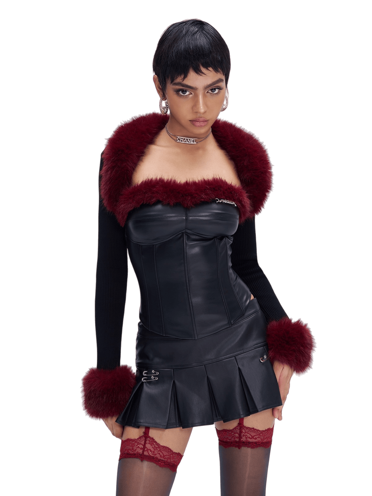 Fur-Collar Knit Cape & Fuzzy Bodycon Skirt Set