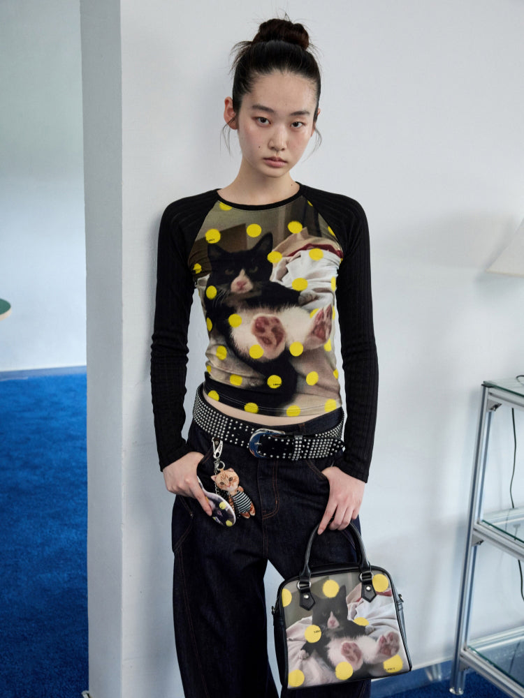 Cat Print Raglan Sleeve Color-Blocking T-Shirt - CHINASQUAD