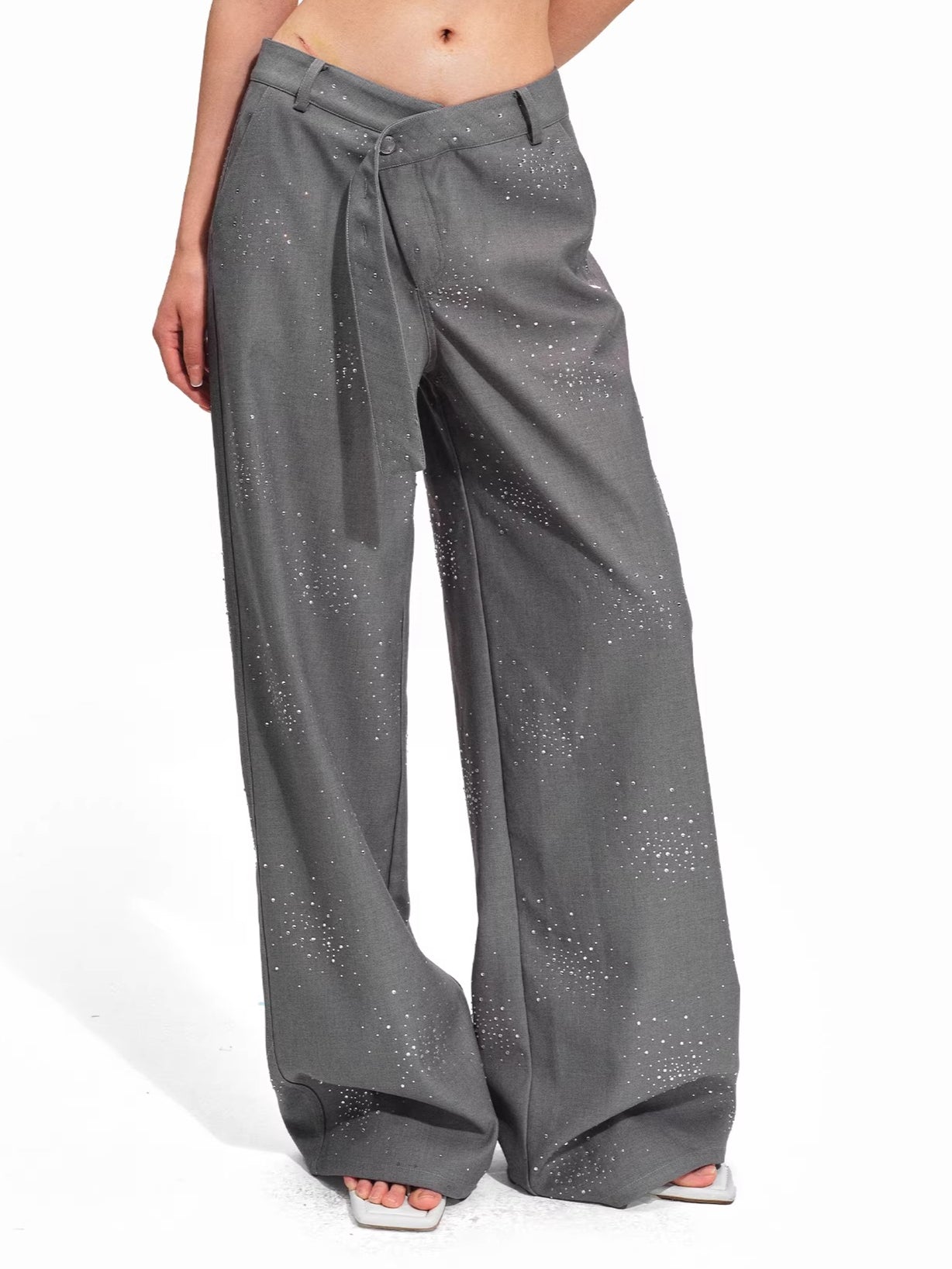 Embellished Low-Rise Wide-Leg Tailored Trousers