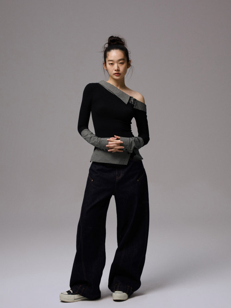 Asymmetric Collar Fake Two-Piece Fitted Blouse - CHINASQUAD