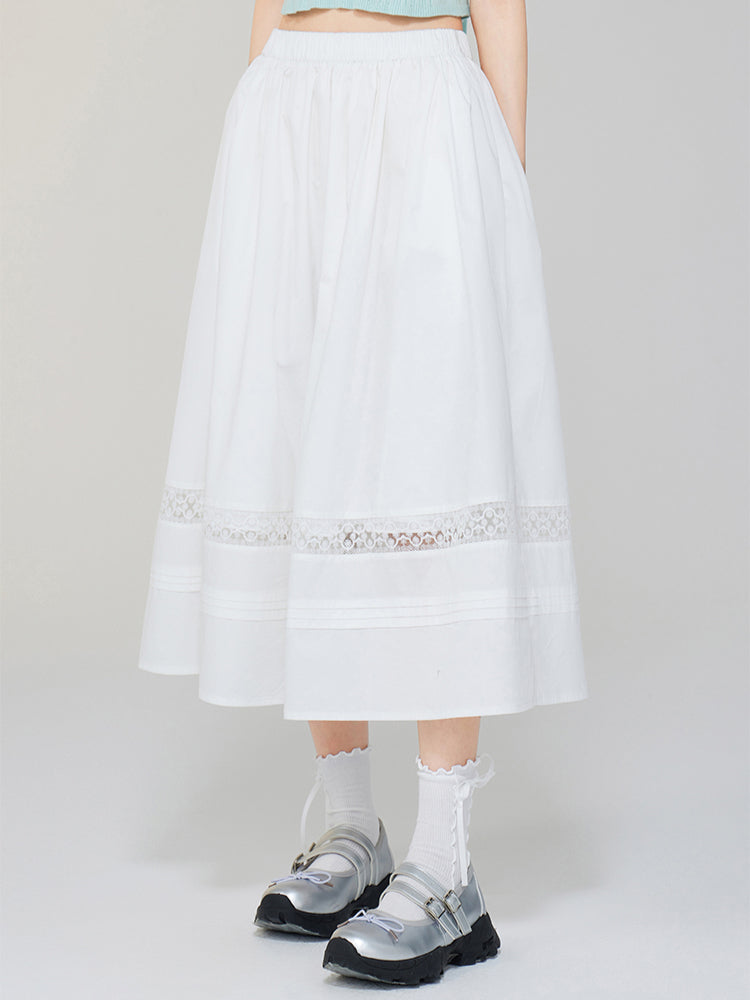 White Lace Splicing A-Line Skirt - CHINASQUAD