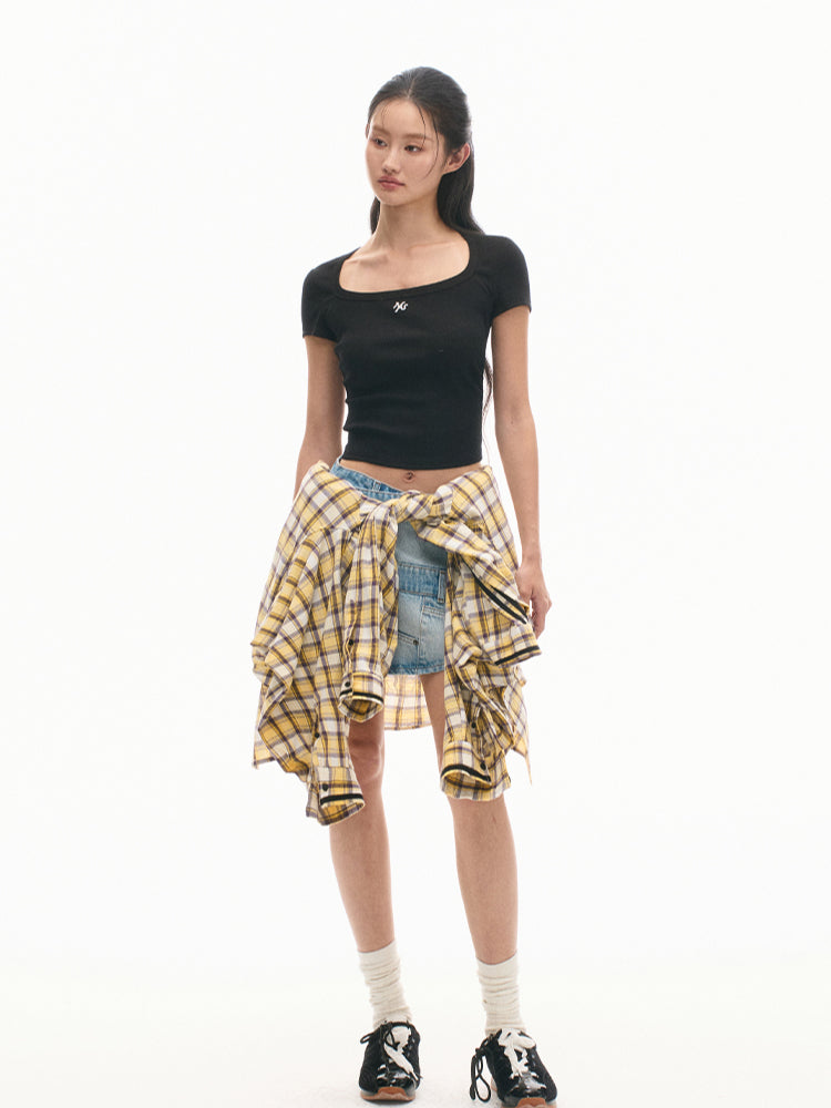 Ice Silk Ribbed Waist Cinching Round Corner T-Shirt - CHINASQUAD