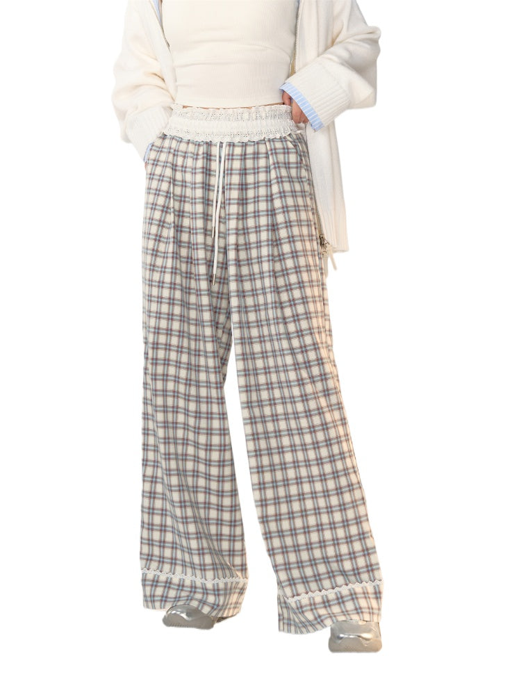 Lace-Trimmed Plaid Wide-Legged Pants - CHINASQUAD