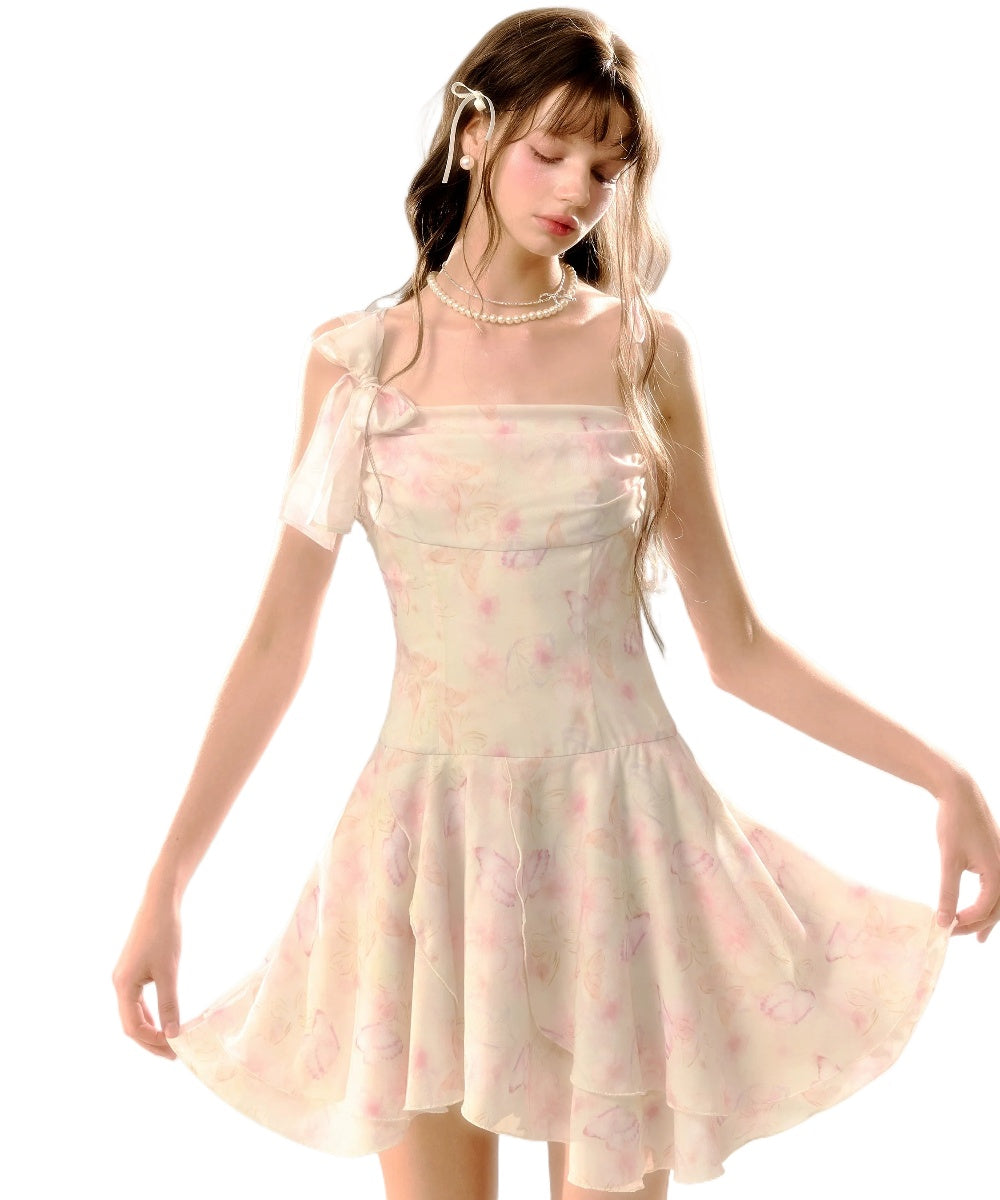 White Butterfly Print Cinched Waist Dress - CHINASQUAD