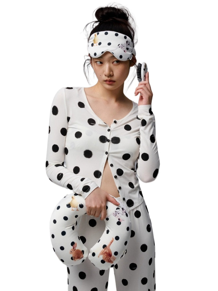 Polka Dot Contrast Knit Cardigan & Lounge Pants Set