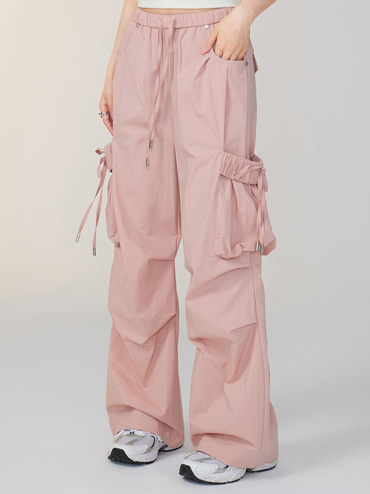 Bowknot Tie Waist Cargo Wide-Leg Pants - CHINASQUAD