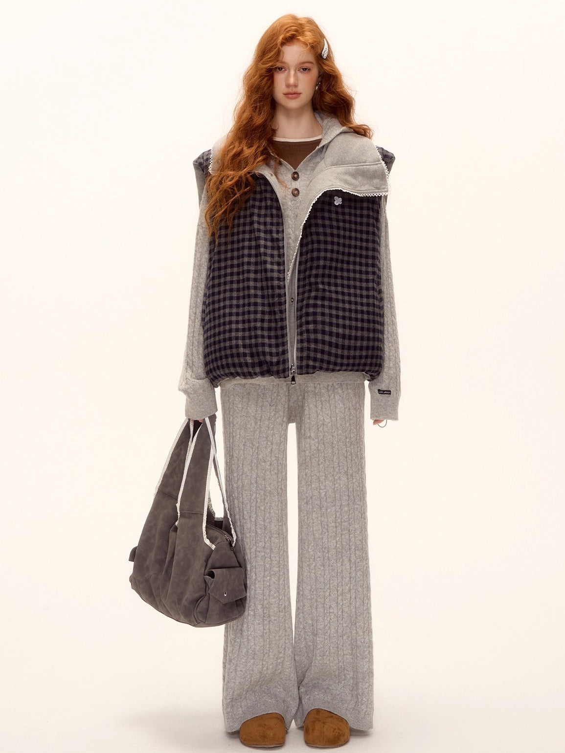 Reversible Plaid Lace-Trim Padded Vest