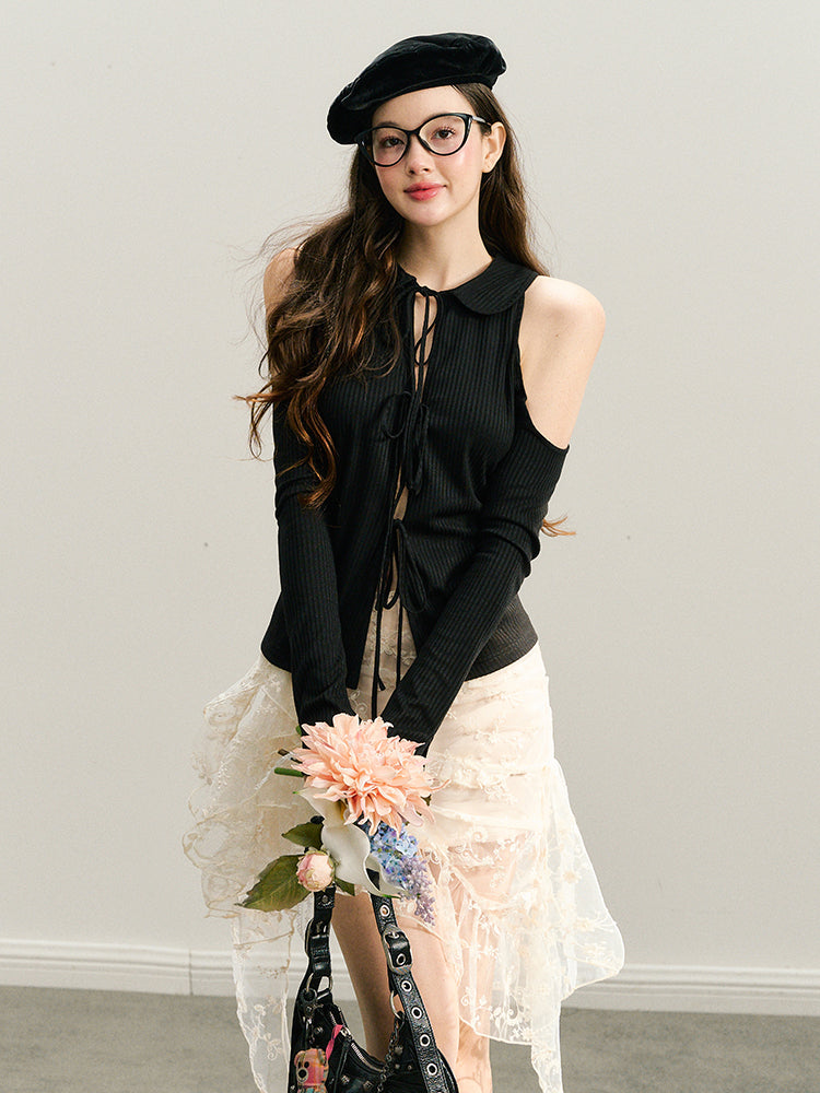 Black & White Off-Shoulder Tie-Back Knit Cardigan - CHINASQUAD